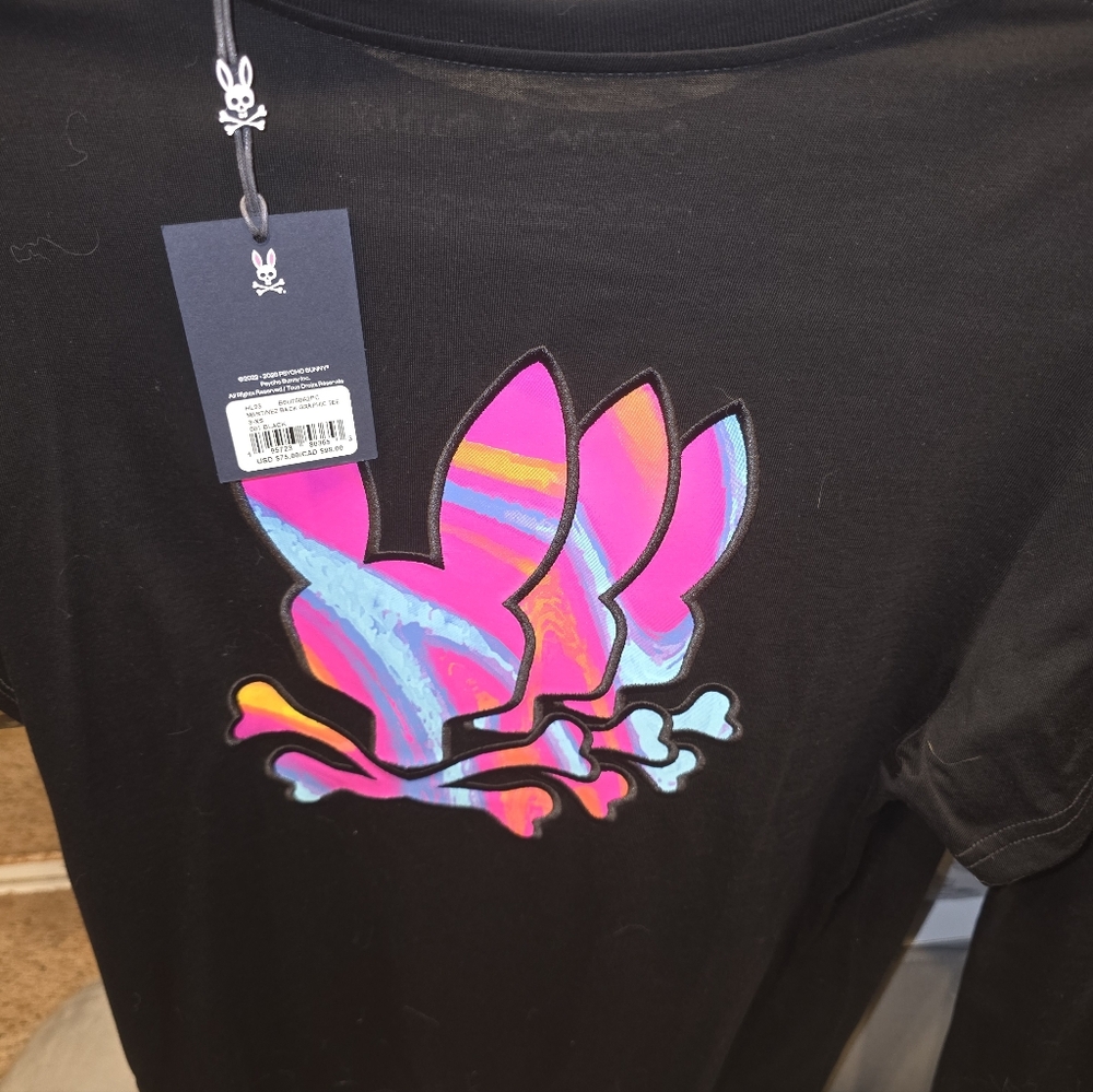 Psycho Bunny Black Short-Sleeve Tee with Pink & Blue Iridescent Logo